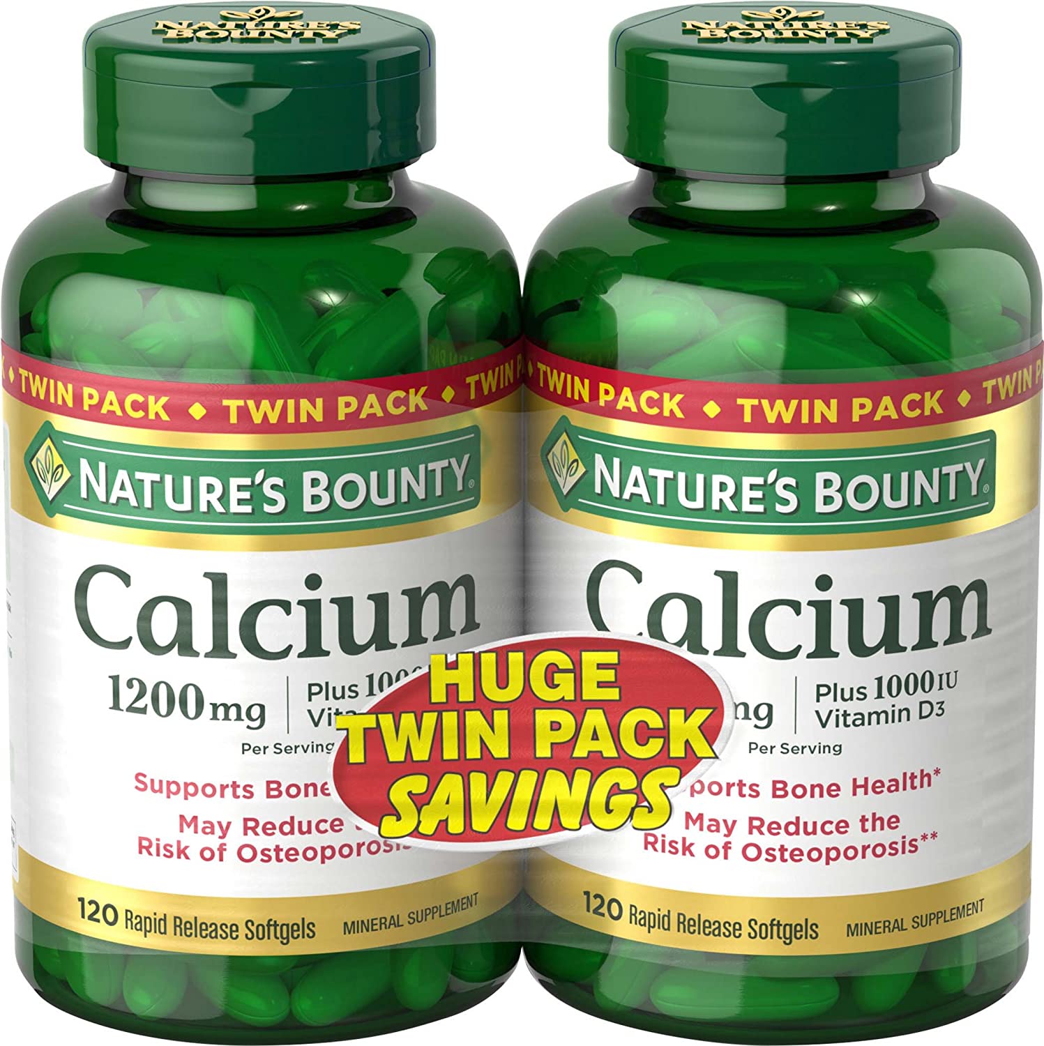 Calcium & Vitamin D3 by Nature's Bounty, Immune Support & Bone Health, 1200mg Calcium & 1000IU D3, 120 Softgels (2-pack)